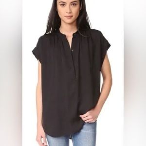Vince Shirred Neck Silk Blouse top short sleeve black large 1/4 button front